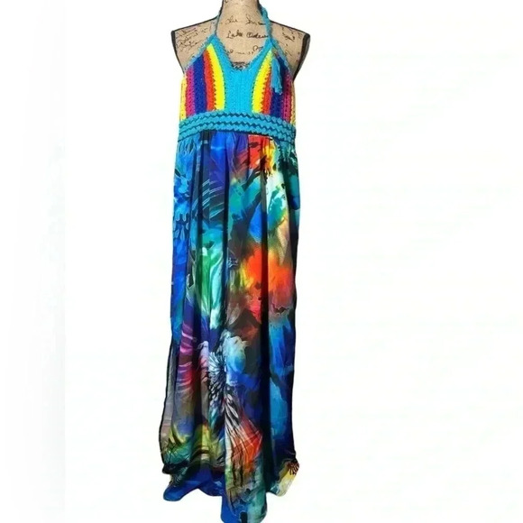 Boston Proper Colorful Abstract Crochet Halter Top Open Back Maxi Dress Size XXS - Picture 1 of 8